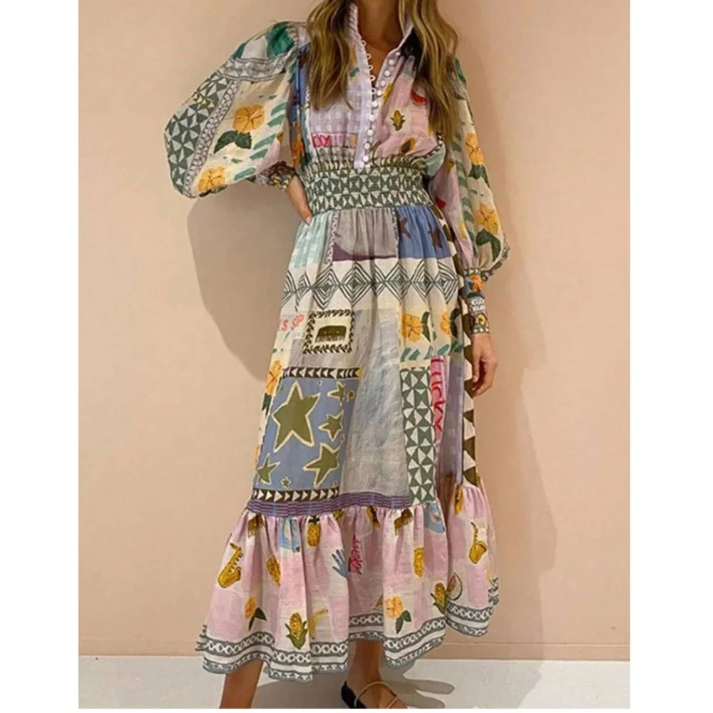 Boho Floral Star Mix Print Long Sleeve Maxi Dress - Picture 5 of 6
